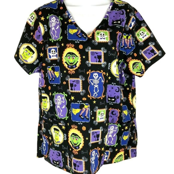 Halloween V-Neck Scrub Top Large by SB Scrubs Black Cotton Fun Holiday Print - Picture 1 of 8